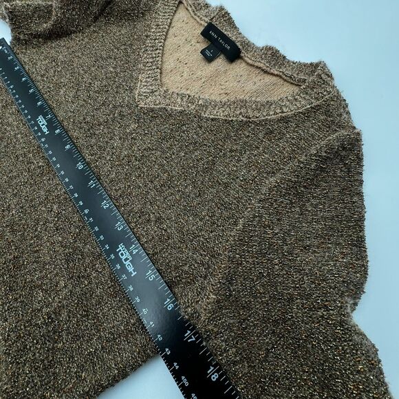 ANN TAYLOR | Womens Small Wool Gold Brown V-Neck Metallic Sparkle Sweater Ribbed - Picture 6 of 8